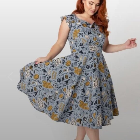 Dusty Blue Halloween Print Judy Swing Dress - Picture 3 of 9